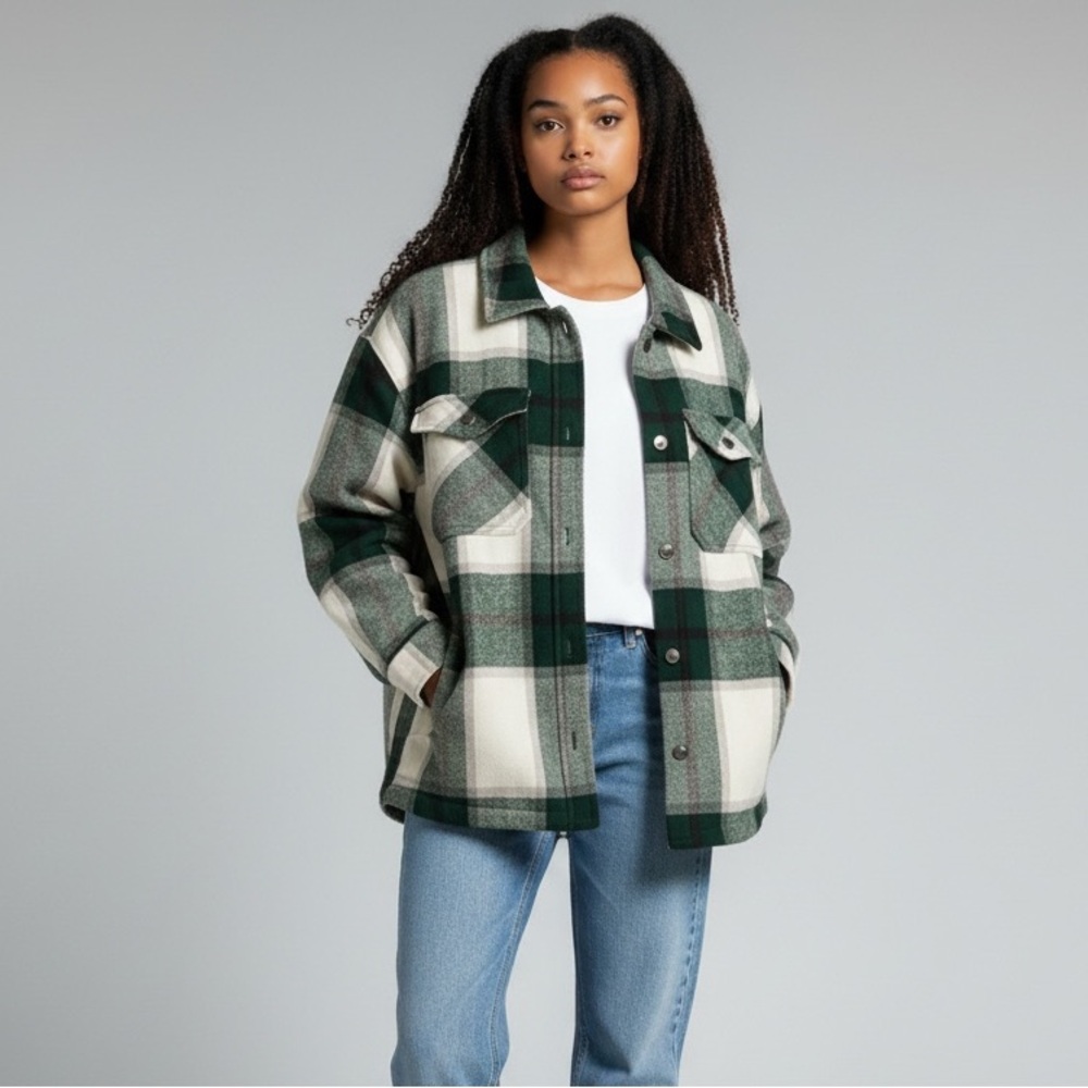 HFX Women’s Green‎ Plaid Wool Blend Shacket Jacket Snap Front Size S